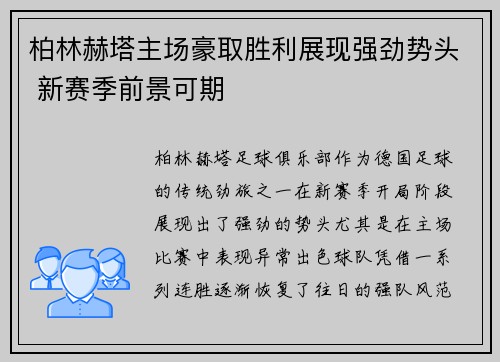 柏林赫塔主场豪取胜利展现强劲势头 新赛季前景可期