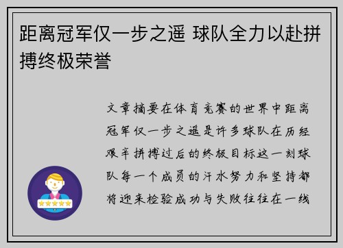 距离冠军仅一步之遥 球队全力以赴拼搏终极荣誉